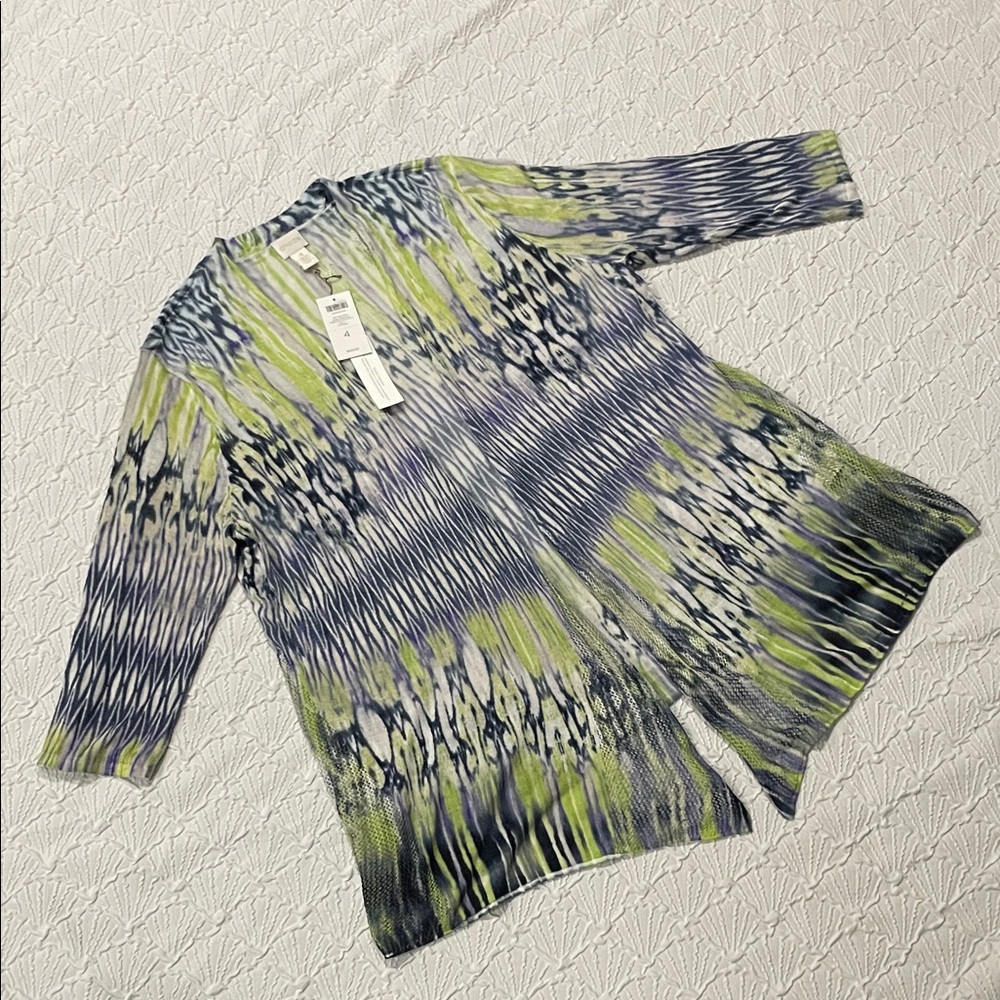 Chico's Blue and Green Patterned Cardigan 3/4 Sleeve Sz 4